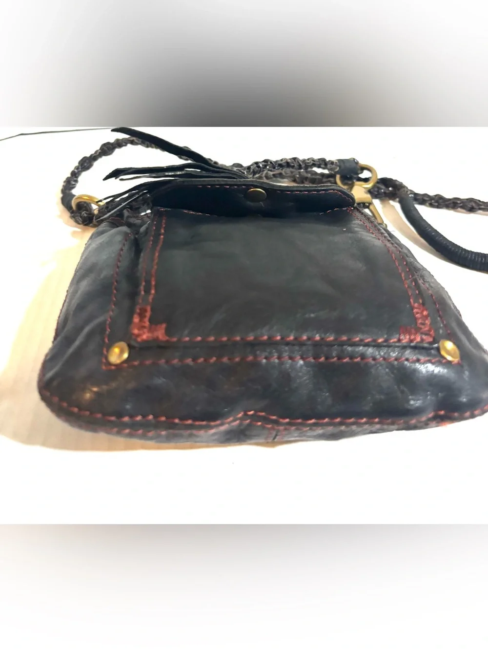 Lucky Brand Black Leather Crossbody with Tassel & Braided Strap